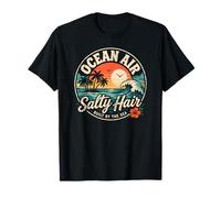Ocean Air Salty Hair Beach Club, Estilo Retro, costero, Puesta de Sol Camiseta