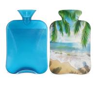 Ocean Beach - Botella de agua caliente con funda, diseño de hojas de palmera, mar tropical, bolsa de agua caliente de 2 litros para aliviar el dolor, cuello y hombros, manos, pies, compresa caliente y