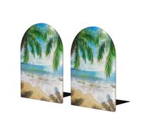 Ocean Beach - Sujetalibros para estantes, 1 par de sujetalibros de madera con hojas de palmera, diseño de mar tropical, soporte de libros de metal resistente, tapón decorativo para libros, para el