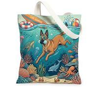 Ocean Belgian Malinois - Bolsa de lona para ir de compras de 13 x 15 pulgadas, diseño de cachorro de verano, costero, reutilizable, estampado de comestibles, para mujeres, playa subacuática, pintura