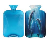Ocean Dolphins - Bolsa de agua caliente con funda, diseño de delfines marinos de 2 l, bolsa de agua caliente para aliviar el dolor, cuello suave y hombro, calentador de pies y manos, compresa fría y