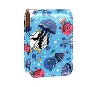 Ocean Jellyfish Blue Polka Dot - Estuche portátil para lápices de labios para viajes, mini caja de almacenamiento de lápiz labial con espejo para mujeres y mujeres, bolsa de cosméticos de cuero, Varios colores, 9.5x2x7 cm/3.7x0.8x2.7 in