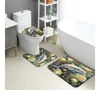 Ocean - Juego de 3 alfombrillas de baño con diseño de delfín y medusas, absorbentes y antideslizantes, en forma de U, lavables, vida marina, de espuma viscoelástica, de secado rápido
