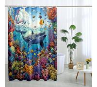 Ocean Life - Cortina de ducha con diseño de ballena azul vibrante, arrecife de coral para decoración de baño, temática subacuática, arte moderno, juego de cortina de ducha de tela impermeable con