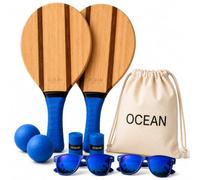 Ocean Pádel Set Premium de Palas de Playa de Madera, 2 Palas Frescobol/Beach Tennis con 2 Pelotas, Bolsa de Transporte y 2 Gafas de Sol, Mango Azul