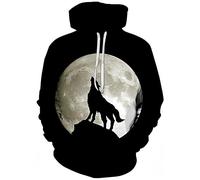 Ocean Plus Hombre Sudaderas con Capucha 3D Divertida Hoodie con Mangas Largas Unisex Streetwear Sudadera Deportiva con Cordón (S/M (Brustumfang: 112-132CM), Lobo bajo Luna Llena)