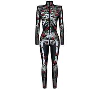 Ocean Plus Mono de Mujer de Halloween Esqueleto con Impresión Digital Corte Estrecho de Manga Larga de Una Pieza con Hombrera (S, Esqueleto de rosa roja)