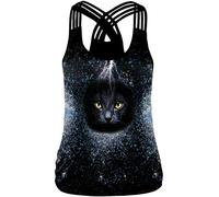 Ocean Plus Mujer Verano Redondo Camiseta sin Mangas O-Cuello Tank Tops Entrenamiento Racerback Yoga Camisas(M (EU 34-36), Gato Negro de Ojos Amarillos)