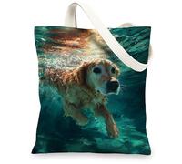 Ocean Scene - Bolsas de lona reutilizables con diseño artístico de perro, bolsas de comestibles ligeras y lavables con correa para el hombro, bolsas de lona para gimnasio, viajes, playa, picnic, 13 x