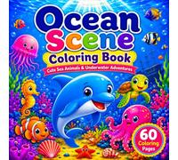 Ocean Scene Coloring Book: 60 Cute Sea Animals and Underwater Adventures Bold and Easy Coloring Pages Featuring Dolphins Sharks Turtles Octopuses Jellyfish Fish and Ocean Life for Kids Ages 4-8
