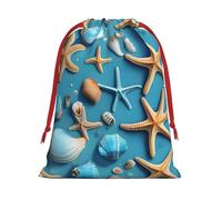 Ocean Sea Beach Seashells Starfish Blue Print Bolsas de regalo reutilizables, bolsas de regalo de tamaño mediano, bolsas con cordón para regalos de Navidad, cumpleaños