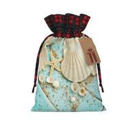 Ocean Sea Beach Seashells Starfish Blue Print Christmas Candy Bags for Holiday Party Color-Blocked Drawstring Bags with Drawstring Bags with Drawstring Bags