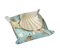 Ocean Sea Beach Seashells Starfish - Organizador de bandeja de cuero con estampado azul, bandejas de escritorio, bandejas multifuncionales, para llaves, reloj, cartera