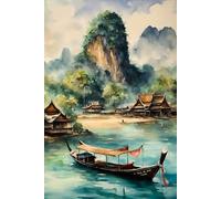 Ocean Serenity Journal: Thai Coastal Landscape with Boat & Mountain Painting: Aesthetic Lined Notebook for Mindful Writing, Reflection, and Creative Thoughts
