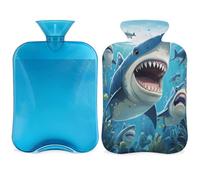 Ocean Shark - Botella de agua caliente con tapa, diseño de pez de mar de 2 L, bolsa de agua caliente para aliviar el dolor, cuello suave y hombro, calentador de pies de mano, compresa fría y caliente