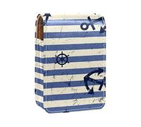 Ocean Stripe Anchor - Estuche portátil para pintalabios para viajes, mini caja de almacenamiento de lápiz labial con espejo para mujeres y mujeres, bolsa de cosméticos de cuero, Varios colores, 9.5x2x7 cm/3.7x0.8x2.7 in