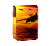 Ocean Sunset with Dolphins - Estuche portátil para pintalabios, mini caja de almacenamiento para pintalabios, estuche organizador de lápiz labial con espejo para mujer, Varios colores, 9.5x2x7 cm/3.7x0.8x2.7 in