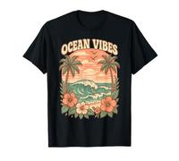 Ocean Vibes, Playa, Ola, Flor de Hibisco, Puesta de Sol, Costa, Estilo Retro Camiseta