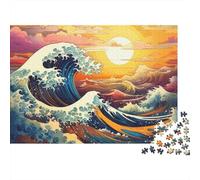Ocean Wave Art Difícil 1000 Piezas Juego Familiar Noche Rompecabezas Ola contra Cielo de Atardecer Vibrante Premium Robusto Vibrante Desafiante Alivio Estrés 52x38cm/1000pcs