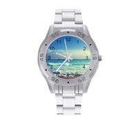 Ocean Waves Seychelles Island Beach in Sunset - Reloj de pulsera analógico de cuarzo para hombre, correa de acero inoxidable, reloj de pulsera de negocios