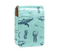 Ocean Whale - Estuche portátil para pintalabios para viajes, mini caja de almacenamiento de lápiz labial con espejo para mujeres y mujeres, bolsa de cosméticos de cuero, Varios colores, 9.5x2x7 cm/3.7x0.8x2.7 in