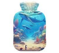 Ocean Wonders - Botellas de agua caliente azules con cubierta de terciopelo suave, botellas de calor para calambres menstruales, alivio del dolor, 1 litro