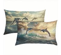 Océano Fundas Cojines 40x60 Lino Juego de 2, Lujosas Funda Cojin Delfín Súper Suaves y Cómodas, Funda de Almohada con Cremallera Oculta, Durable y Fácil Cuidado, Adecuado para Sofá, Cama, Silla S6-148