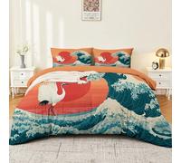 Océano sol rojo animal grúa blanca edredón 90 x 190 cm, super suave transpirable naranja microfibra funda nórdica clásica de plumón japonés con 1 funda de almohada para adulto Adolescente Bordado