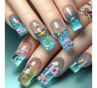 Oceans - Uñas postizas cuadradas de pez payaso azul con purpurina, punta francesa, ABS, 24 unidades, varios tamaños, para fiestas diarias, océanos azules a presión