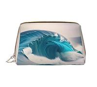 OCELIO Bolsa de cosméticos portátil de cuero azul con diseño de olas de mar (grande), bolsa de cosméticos con cremallera, bolsa de aseo de viaje, bolsa de almacenamiento de viaje, color blanco, talla