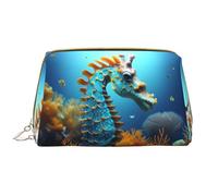 OCELIO Bolsa de cosméticos portátil de cuero azul de caballito de mar (grande), bolsa de cosméticos de cuero con cremallera, bolsa de aseo de viaje, bolsa de almacenamiento de viaje, color blanco,