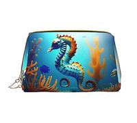 OCELIO Bolsa de cosméticos portátil de cuero de caballito de mar de coral de fondo marino (grande), bolsa de cosméticos con cremallera, bolsa de aseo de viaje, bolsa de almacenamiento de viaje, color