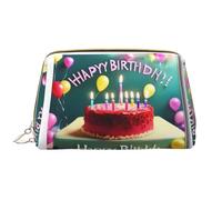 OCELIO Bolsa de cosméticos portátil de piel con diseño de feliz cumpleaños (grande), bolsa de cosméticos con cremallera, bolsa de aseo de viaje, bolsa de almacenamiento de viaje, color blanco, talla