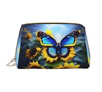 OCELIO Bolsa de cosméticos portátil de piel con diseño de mariposa azul de girasol (grande), bolsa de cosméticos con cremallera, bolsa de aseo de viaje, bolsa de almacenamiento de viaje, color blanco,