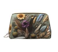 OCELIO Bolsa de cosméticos portátil de piel con diseño de plumas y flores (grande), bolsa de cosméticos con cremallera, bolsa de aseo de viaje, bolsa de almacenamiento de viaje, color blanco, talla