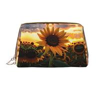 OCELIO Bolsa de cosméticos portátil de piel con girasol de granja (grande), bolsa de cosméticos con cremallera, bolsa de aseo de viaje, bolsa de almacenamiento de viaje, color blanco, talla única,