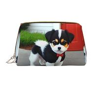 OCELIO Bolsa de cosméticos portátil de piel de cachorro en blanco y negro (grande), bolsa de cosméticos de cuero con cremallera, bolsa de aseo de viaje, bolsa de almacenamiento de viaje, color blanco,