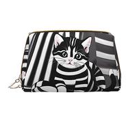 OCELIO Bolsa de cosméticos portátil de piel de gatito a rayas blancas y negras (grande), bolsa de cosméticos de cuero con cremallera, bolsa de aseo de viaje, bolsa de almacenamiento de viaje, color