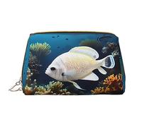OCELIO Bolsa de cosméticos portátil de piel de pez blanco y dorado (grande), bolsa de cosméticos de cuero con cremallera, bolsa de aseo de viaje, bolsa de almacenamiento de viaje, color blanco, talla