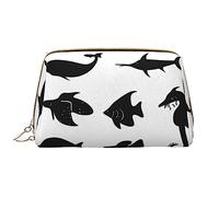 OCELIO Bolsa de cosméticos portátil de piel de pez blanco y negro (grande), bolsa de cosméticos de cuero con cremallera, bolsa de aseo de viaje, bolsa de almacenamiento de viaje, color blanco, talla