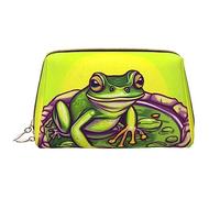 OCELIO Frog In A Pond - Bolsa de cosméticos portátil de piel (grande), bolsa de cosméticos con cremallera, bolsa de aseo de viaje, bolsa de almacenamiento de viaje, color blanco, talla única, White,