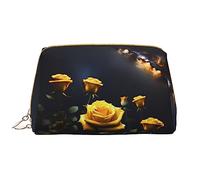 OCELIO Hermosa bolsa de cosméticos portátil de piel con rosas amarillas (grande), bolsa de cosméticos con cremallera, bolsa de aseo de viaje, bolsa de almacenamiento de viaje, color blanco, talla