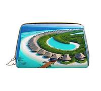OCELIO Maldives Scenery - Bolsa de cosméticos portátil de piel (grande), bolsa de cosméticos con cremallera, bolsa de aseo de viaje, bolsa de almacenamiento de viaje, color blanco, talla única, White,