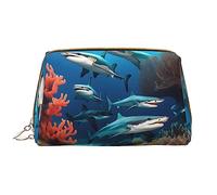 OCELIO Submarine Shark Coral Leather Portable Cosmetic Bag (grande), bolsa de cosméticos de cuero con cremallera, bolsa de aseo de viaje, bolsa de almacenamiento de viaje, color blanco, talla única,