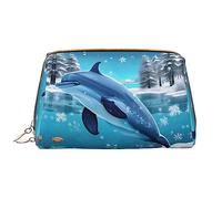 OCELIO Winter The Dolphin - Neceser portátil de piel (grande), bolsa de cosméticos con cremallera, bolsa de aseo de viaje, bolsa de almacenamiento de viaje, Blanco, Talla única