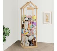 OCERAVE Almacenamiento de animales de peluche, soporte vertical para animales de peluche con banda elástica más gruesa, decoración de almacenamiento de peluches de madera maciza y ahorro de espacio