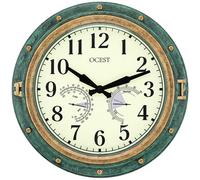 OCEST Reloj de pared impermeable de 16 pulgadas con termómetro higrómetro, silencioso, sin tictac, funciona con pilas, para decoración del hogar, patio (verde retro)