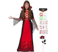 OCHILIMA Disfraz de vampiro real para niñas, conjunto de reina vampiro con colmillos de vampiro, rosa, tatuajes de Halloween, vestido de vampiro, disfraz de Drácula para niños y niñas para Halloween