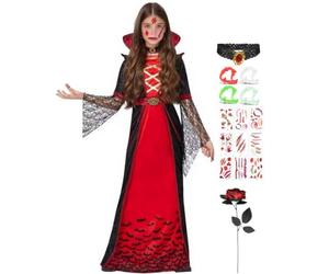 OCHILIMA Disfraz de vampiro real para niñas, conjunto de reina vampiro con colmillos de vampiro, rosa, tatuajes de Halloween, vestido de vampiro, disfraz de Drácula para niños y niñas para Halloween