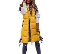Ocio largo chaleco de plumas para mujer, chaleco grueso de plumas para invierno, chaleco largo ligero sin mangas, chaleco acolchado a prueba de viento, amarillo, XXL